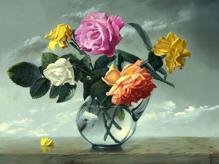 Still life of roses in a glass pitcher by Alexei Antonov