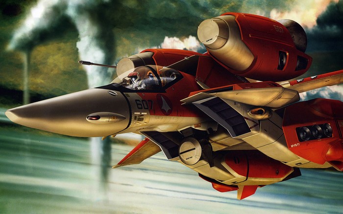Red and white fighter jet in flight
