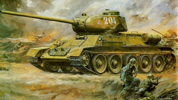 Painting of a Soviet T-34 tank in battle