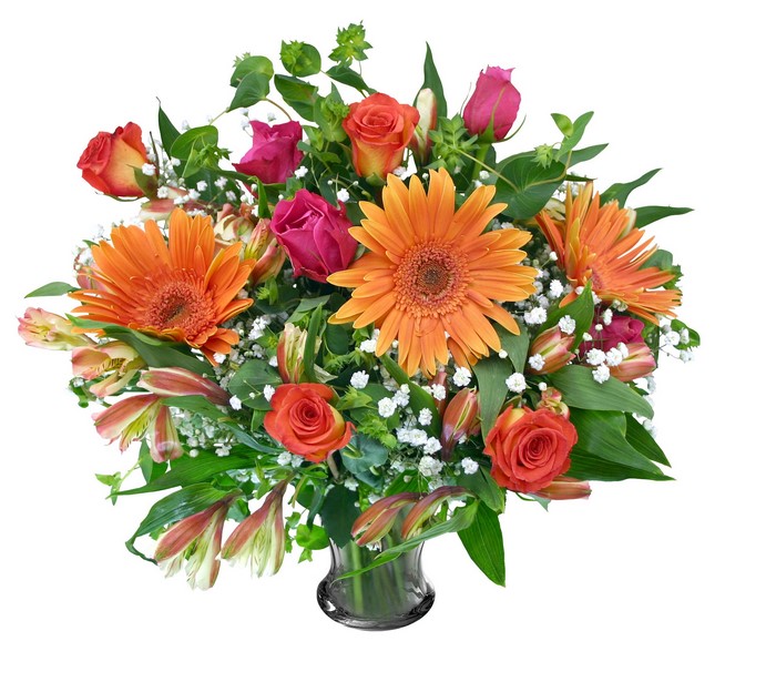 Orange and pink flower bouquet in a vase
