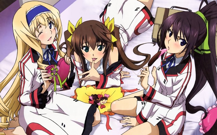 Three girls from Infinite Stratos with chocolates