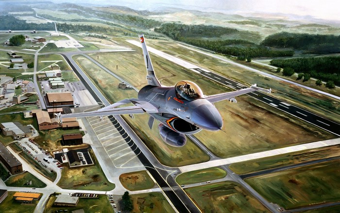 F-16 Fighting Falcon over an Airfield