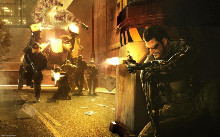 Adam Jensen from Deus Ex: Human Revolution in a firefight