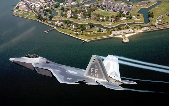 F-22 Raptor Fighter Jet Flying Over Fort Monroe