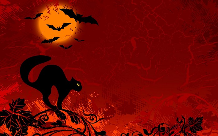 Black cat and bats against a Halloween moon