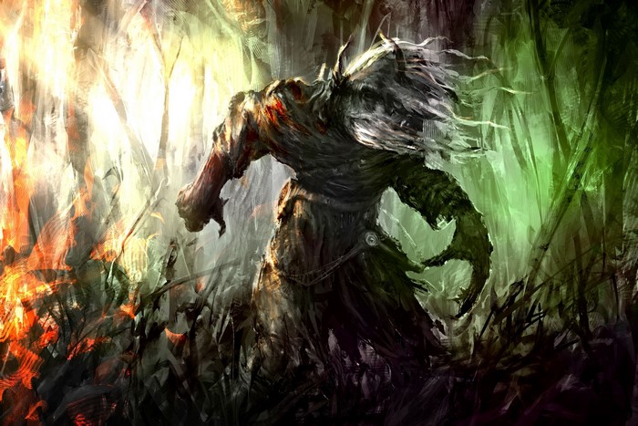 A monstrous creature in a dark, fiery forest