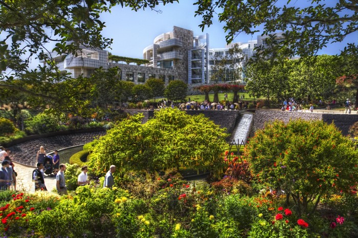 Getty Center Gardens with people and architecture