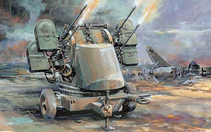 Painting of a quad AA gun firing at a destroyed airplane