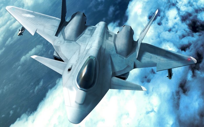 Fighter jet flying through clouds