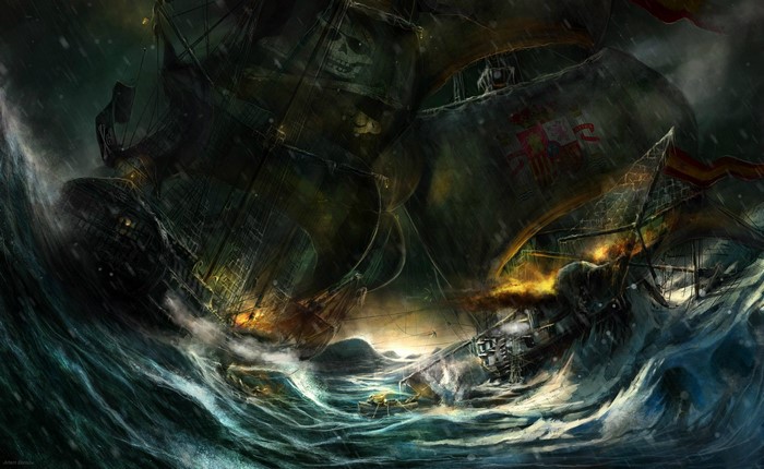 Pirate ships battling in a stormy sea