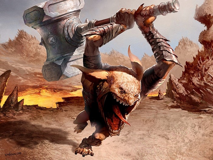 Goblin with a large hammer in a desert landscape