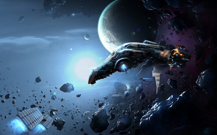 Spaceships navigating an asteroid field near a planet
