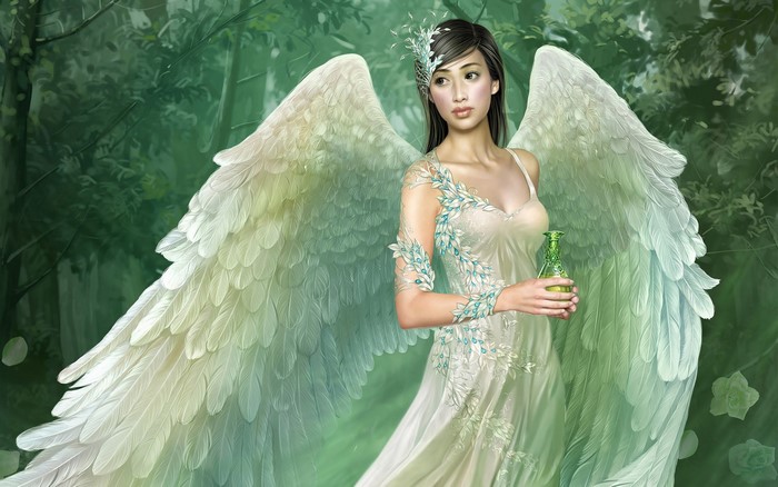 Angel holding a potion in a forest