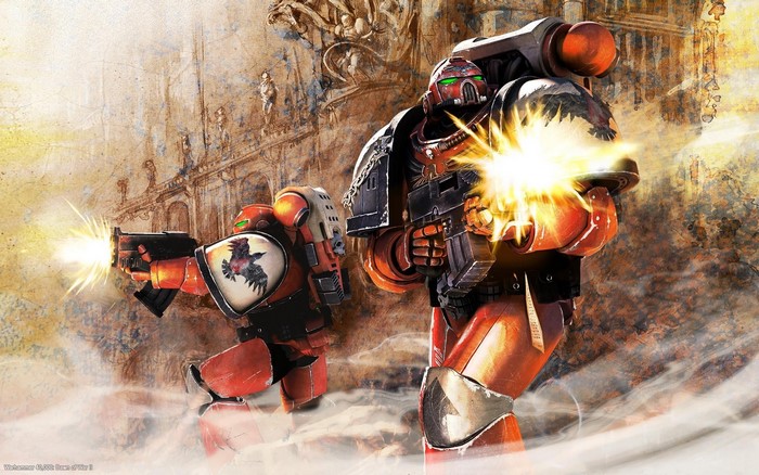 Warhammer 40000 Space Marines firing weapons