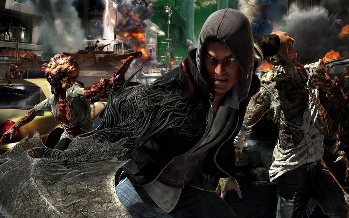 Alex Mercer from Prototype fighting infected in a city