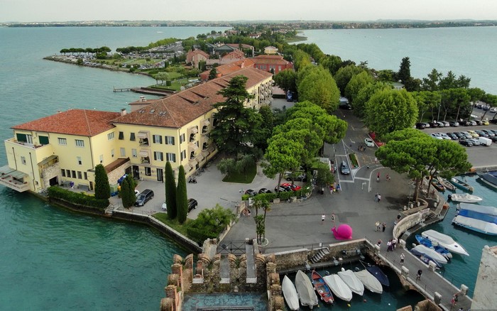 Resort on a peninsula with boats and lake