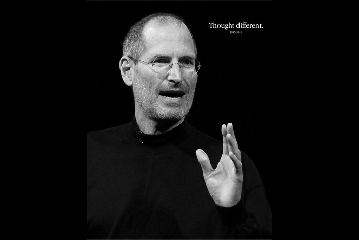Steve Jobs speaking with text "Thought different. 1955-2011"
