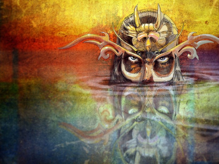 Warrior emerging from water with reflection