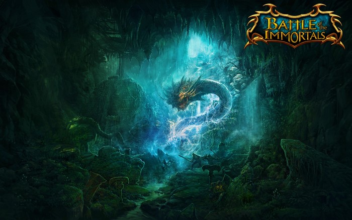 Battle of the Immortals game logo with dragon in cave