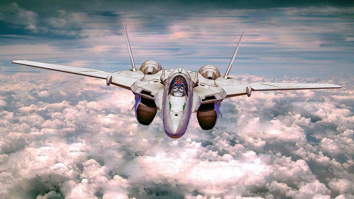 White futuristic fighter jet flying above clouds