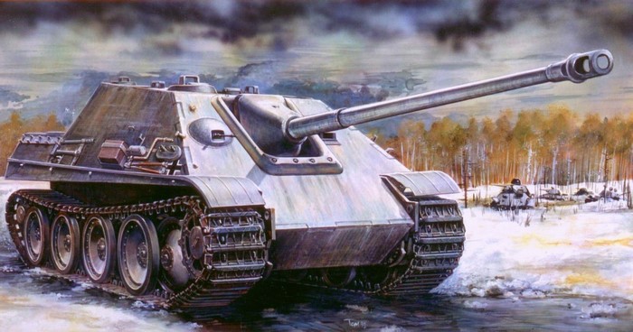 Painting of a Jagdpanther tank in a snowy landscape