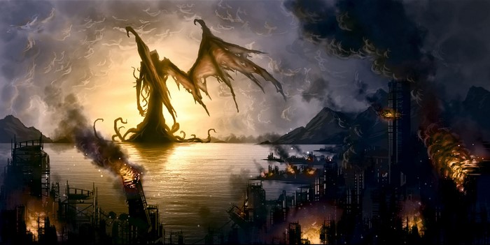 Demonic creature over burning city at sunset