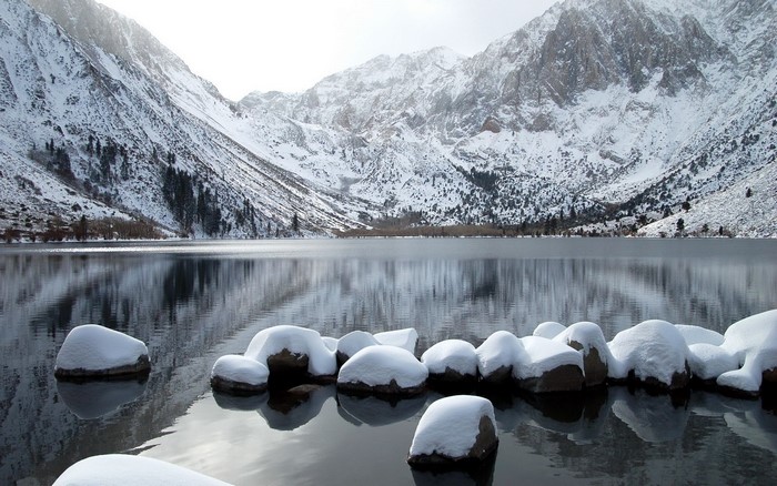 Snowy Mountains Reflecting in a Calm Lake