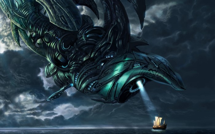 Alien spaceship over a ship at sea