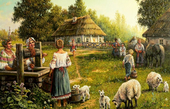 Rural village scene with people and animals