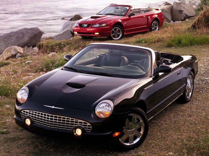 Black Ford Thunderbird and Red Ford Mustang Convertibles