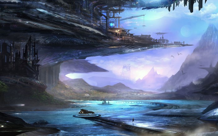 Futuristic city built into a cliffside overlooking a bay