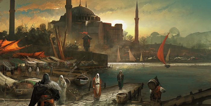 Assassin from Assassin's Creed in a marketplace by the water