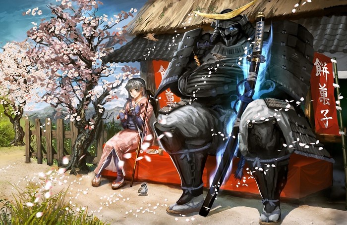 Samurai and girl under cherry blossoms