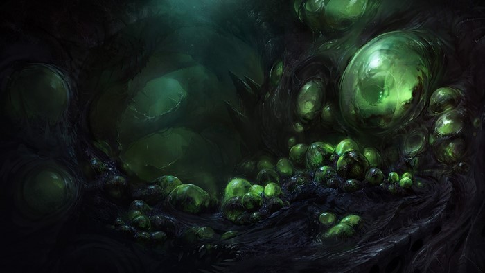Alien organic growths with glowing green orbs