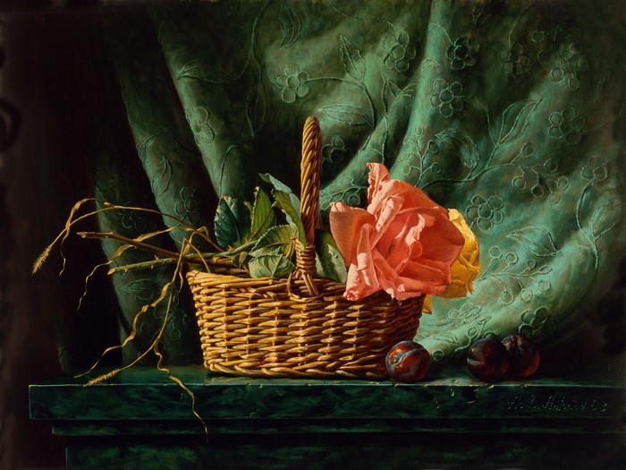 Still life with basket of flowers and plums by Alexei Antonov