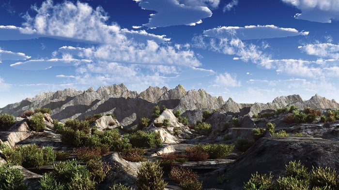 Mountain range with clouds and vegetation