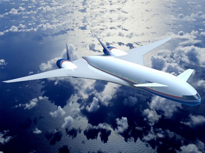 Boeing concept aircraft flying over clouds and ocean