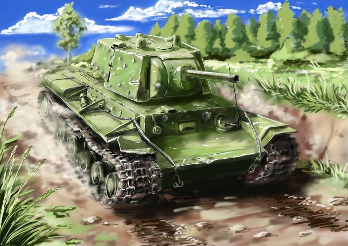 Green tank driving on a dirt road