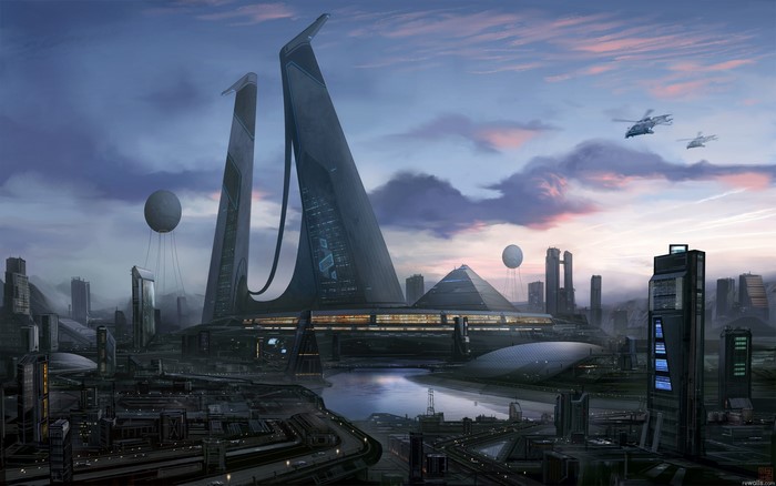Futuristic Cityscape with Tall Buildings and Helicopters