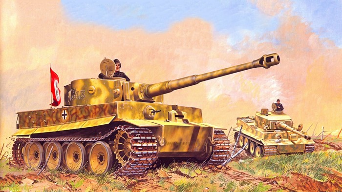 German Tiger tanks with crew and flags