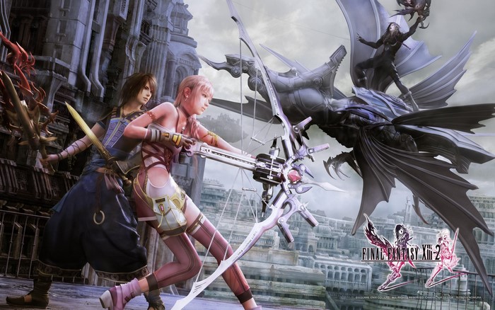 Lightning and Snow from Final Fantasy XIII-2 fighting a monster