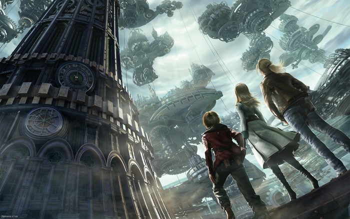 Characters looking at floating cities in Final Fantasy XIII