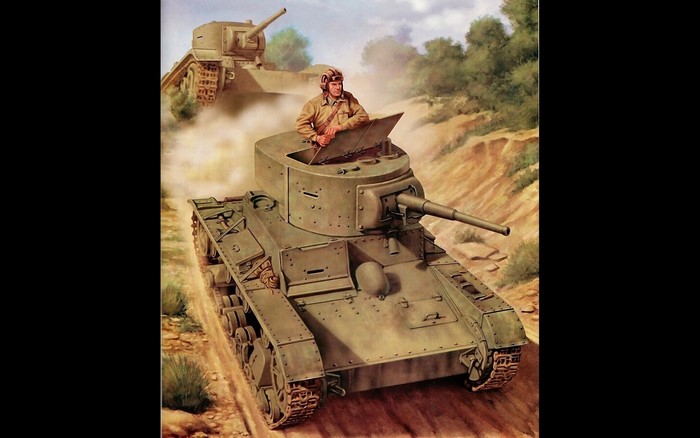 Painting of two Soviet tanks in a landscape