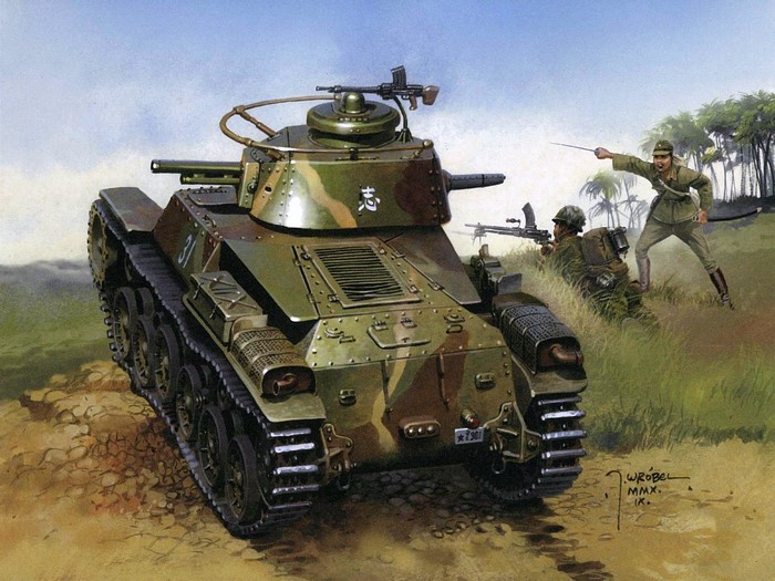 Japanese Type 95 Ha-Go tank with soldiers in combat