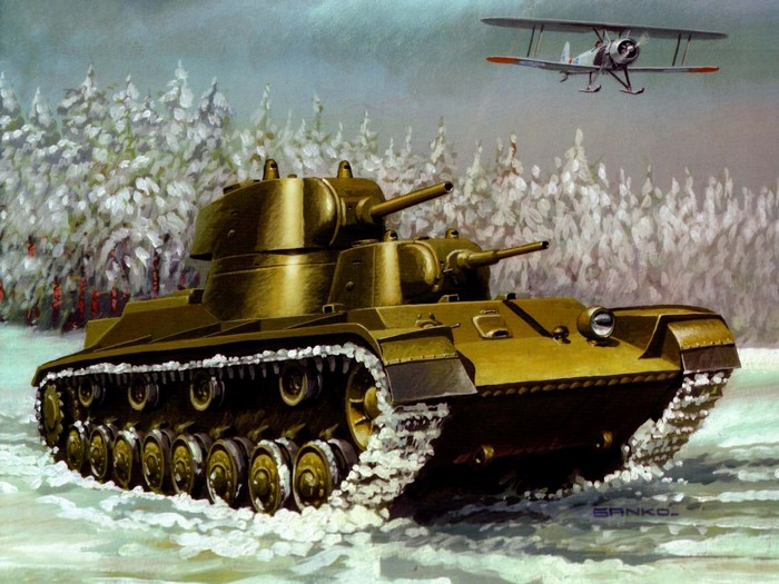 T-100 Tank and Biplane in Winter Forest
