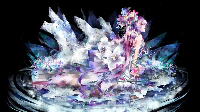 Hatsune Miku in a floral, watery environment
