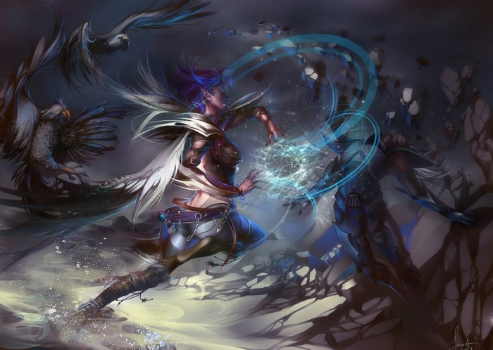 Elf casting magic with birds and armored figure