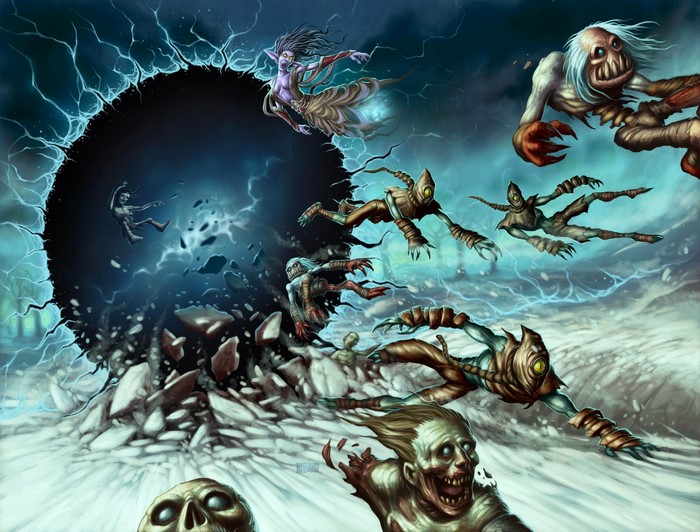 Monsters emerging from a dark portal
