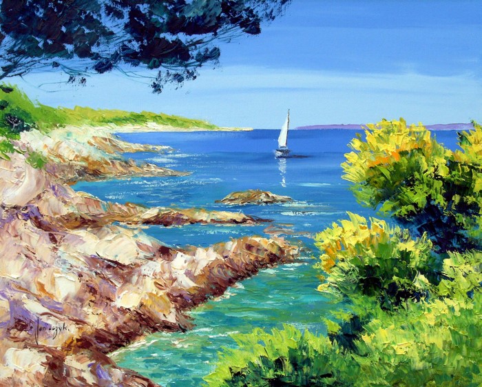 Coastal landscape with sailboat by Jean-Marc Janiaczyk