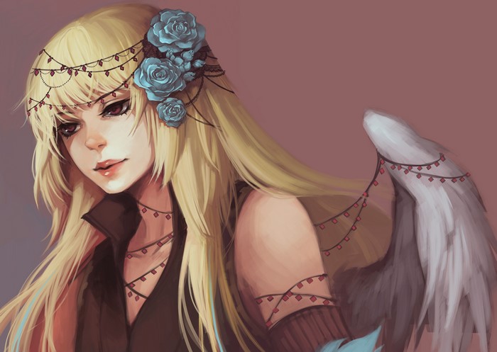 Anime girl with blonde hair and blue roses